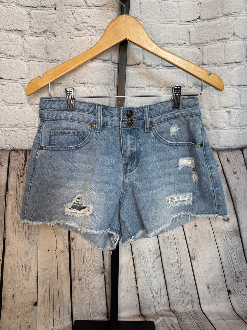 Light Blue Distressed Denim Shorts - Women